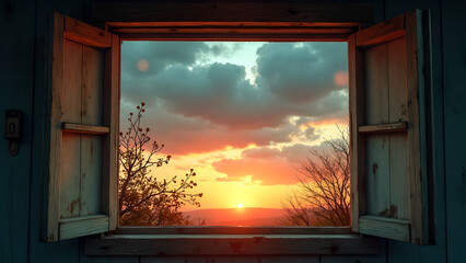 Digital Painting of a Dramatic Sunset Sky Framed by Branching Trees
