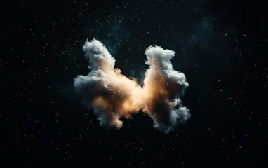 Fototapeta premium Glowing cloud formation resembling a butterfly against a dark, starry night sky. The cloud is primarily white with a warm, orange-yellow center, set against a deep black background speckled with