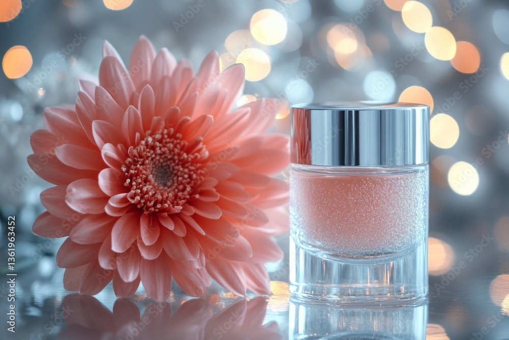 Poster elegant pink flower beside a sparkling cosmetic jar on a soft bokeh background during a serene after