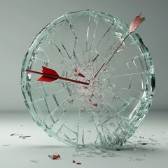Isolated floating translucent 3D glass target that is shattering from a glass arrow hitting the bullseye. The whole target is cracking apart into pieces