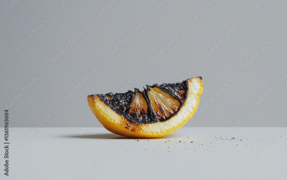Poster close-up of a charred lemon slice on a white surface against a gray background. the lemon is mostly 