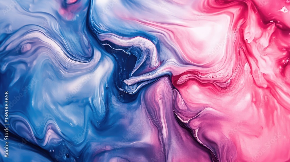 Poster abstract swirling patterns of blue and pink paint blending together, creating a vibrant and dynamic 