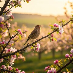 Finch Singing in a Sunlit Countryside Orchard