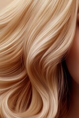 Fototapeta premium Soft golden blonde wavy hair styled elegantly, captured in a close-up view during a beauty shoot