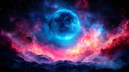 Obraz premium Glowing blue planet in a vibrant nebula.