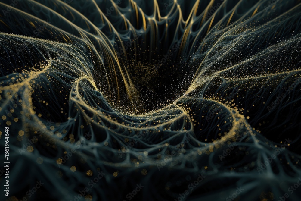 Poster a mesmerizing abstract depiction of flowing patterns and golden particles against a dark background,