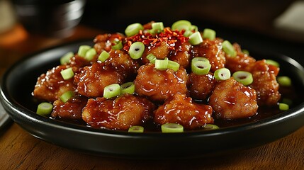 A plate of General Tsoâ€™s Chicken with a deep golden-brown crust, drizzled with a perfectly balanced spicy and sweet sauce, garnished with red chili flakes and green onions