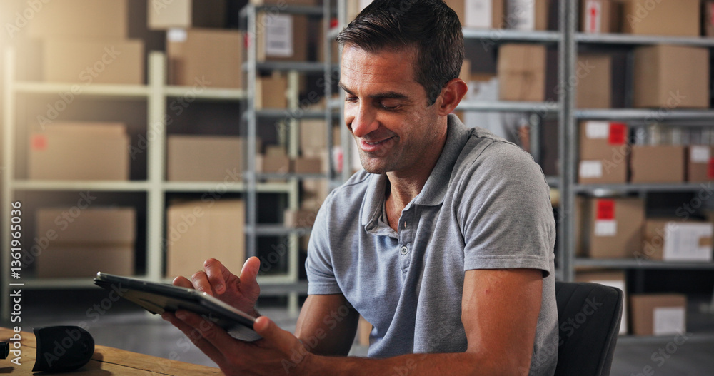 Poster logistics, smile and tablet with man in distribution center for online order or schedule update. box