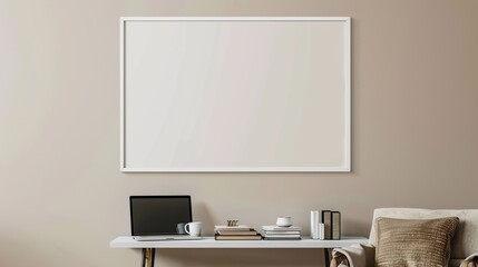 A white rectangular frame hanging above a side table in the living room with a cup, a laptop, and a few books. HD 8K mockup wallpaper Photographic Image