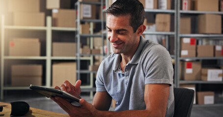 Logistics, smile and tablet with man in distribution center for online order or schedule update....