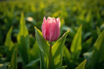 A single pink tulip in full bloom with dewdrops on its petals, set against a blurred background of green leaves and other tulips in soft lighting.