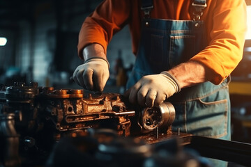 Experienced mechanic expertly working with metal components in a manufacturing facility