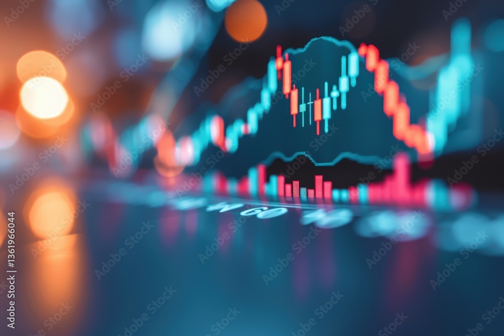 Poster a digital stock market graph displaying fluctuating prices with colorful candlestick patterns and bl