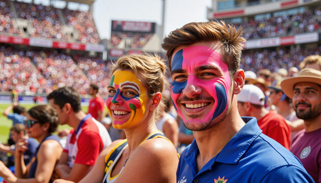 Excited sports fans with colorful face paint cheering at outdoor stadium for international sports events, fan culture, and team spirit celebration