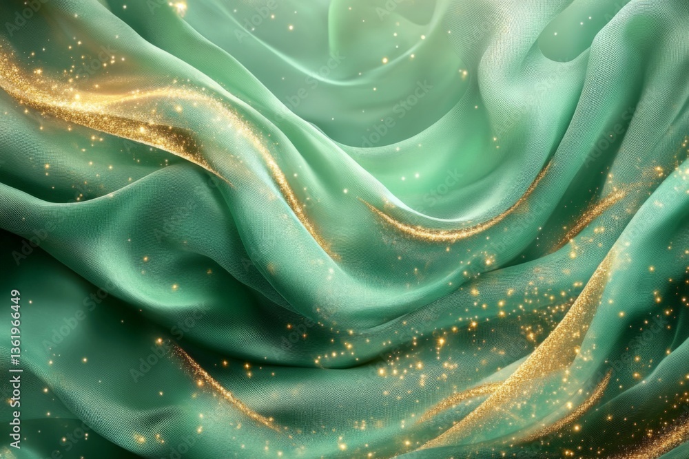 Poster soft green fabric with golden sparkles flowing gracefully in a decorative display for elegant events