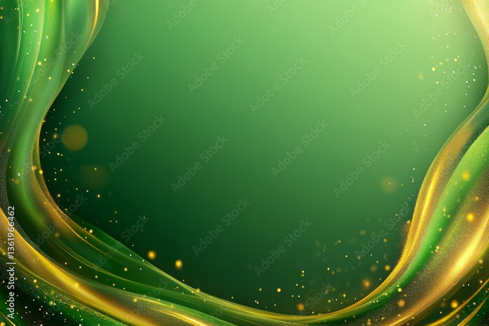 Poster abstract green and gold swirl design with glowing elements for creative backgrounds and decorations