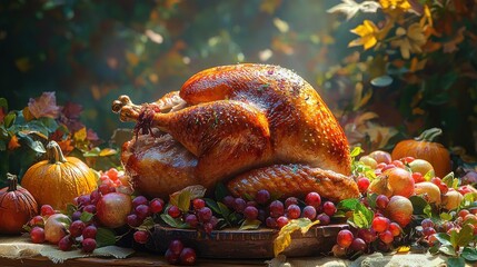 Roasted turkey on wooden board surrounded by autumn fruits and pumpkins.