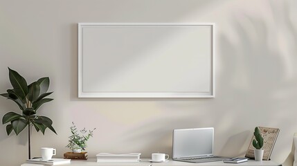 A white rectangular frame hanging above a side table in the living room with a cup, a laptop, and a few books HD 8K mockup wallpaper Photographic Image