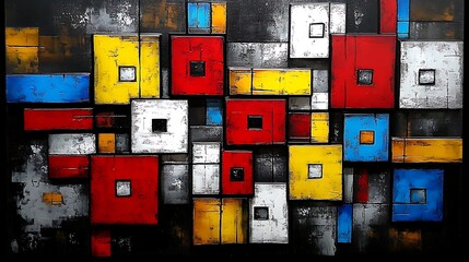 Abstract geometric painting with red, yellow, blue, and white squares on a dark background.