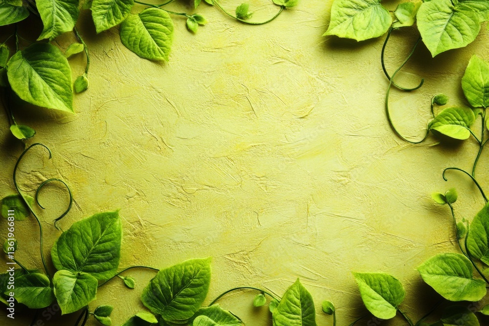 Aufkleber natural green leaves framing a textured yellow background creating a vibrant and fresh atmosphere in
