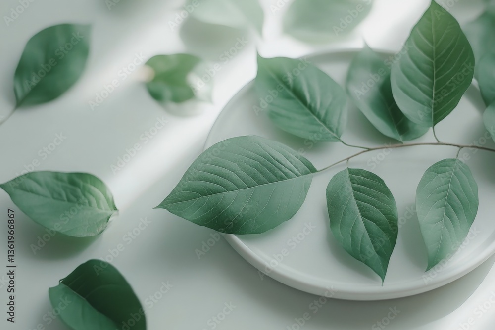 Aufkleber fresh green leaves arranged on a white plate in natural light creating a calming atmosphere