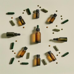 Flat lay of various herbal supplements, green capsules and brown glass bottles.