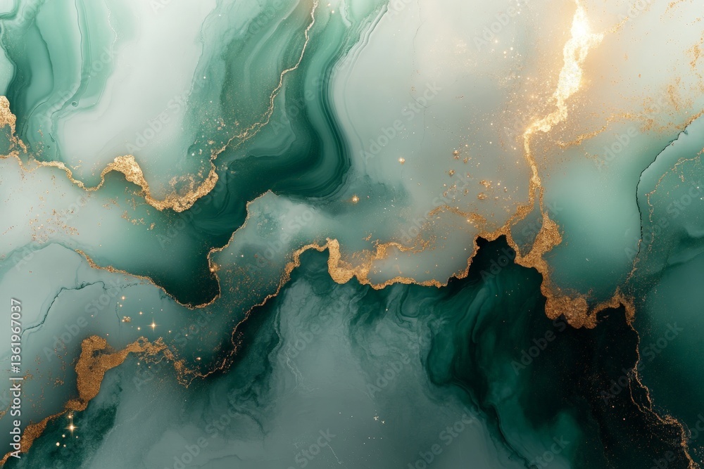 Poster elegant green and gold abstract artwork with flowing marble textures and intricate patterns represen