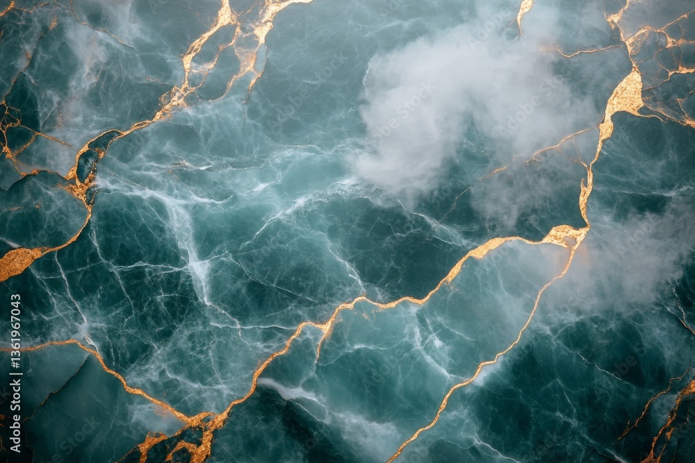 Aufkleber Detailed view of green and gold marbled surface showcasing intricate patterns and textures