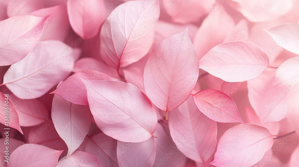 Poster a close-up view of soft pink leaves scattered on a delicate background, creating a serene and tranqu