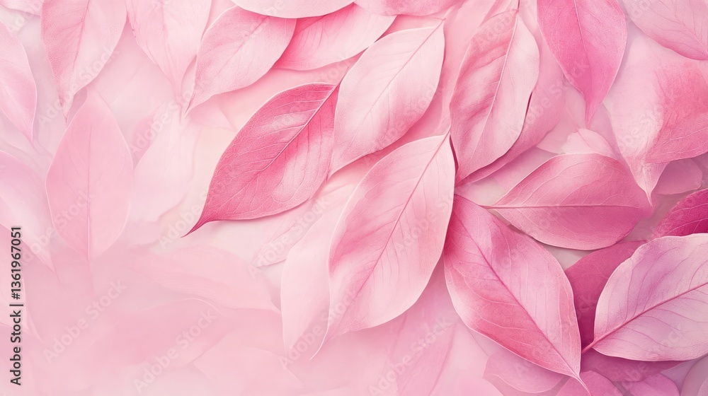 Poster a serene arrangement of soft pink leaves layered gracefully, creating a tranquil background ideal fo