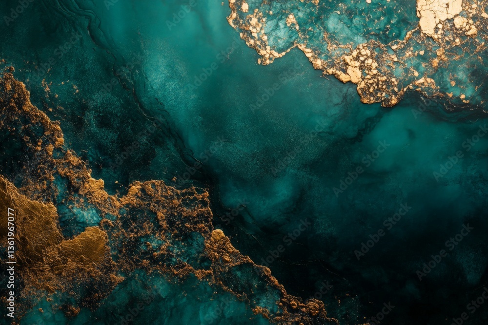 Poster rich turquoise and gold abstract texture resembling ocean waves and glimmering shores found in natur
