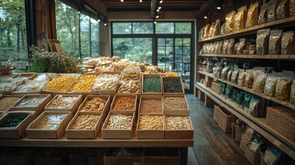 Dried pasta and grains displayed in wooden boxes and shelves in a rustic shop.
