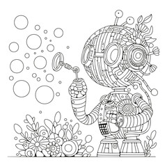 Cute robot blowing soap bubbles. Coloring page for kids and adults. Black and white background for coloring.