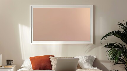 A white rectangular frame hanging in a bedroom above a nightstand with a cup, a laptop, and an open book. HD 8K mockup wallpaper Photographic Image