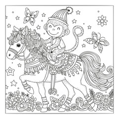 Cute monkey in a hat riding a circus horse. Coloring page. Black and white illustration for coloring.