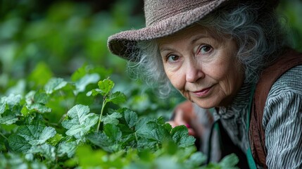 Senior woman gardener peering from behind green plants.