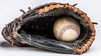Fototapeta premium A baseball resting inside a black catchers glove, carefully arranged on a neutral white surface