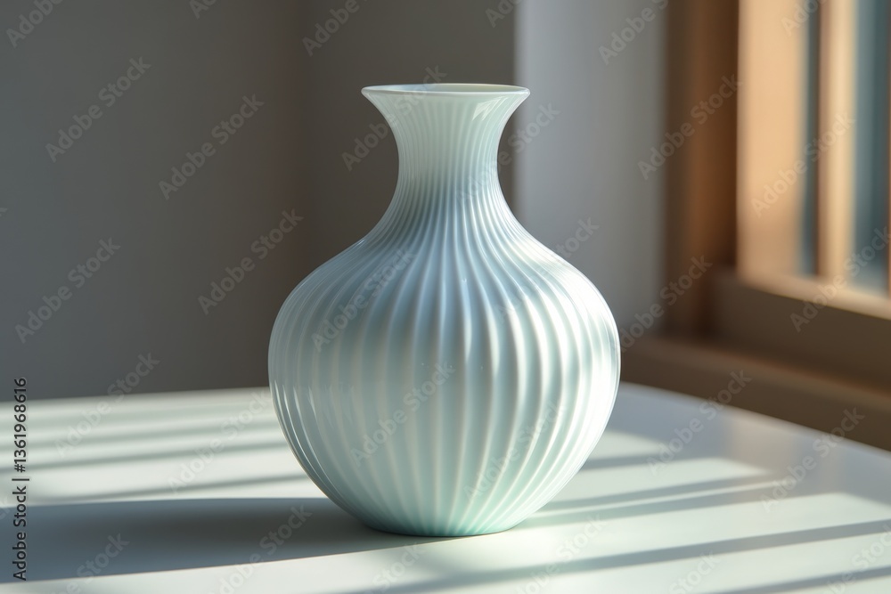 Poster Elegant ceramic vase with ribbed design on a table illuminated by soft sunlight near a window
