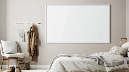 A white rectangular frame hanging in a bedroom above a bed, with a coat hanging on a chair and a pair of slippers HD 8K mockup wallpaper Photographic Image