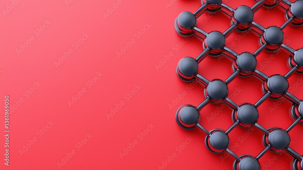Poster material science nanomaterials concept. abstract molecular structure on a vibrant red background.
