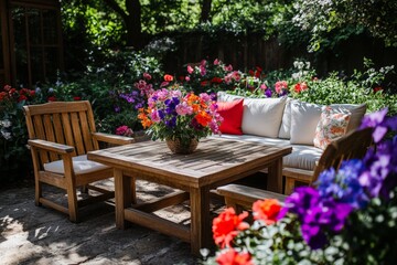 Fototapeta premium Relaxing garden seating area with colorful flowers and cozy furnishings in a vibrant outdoor setting