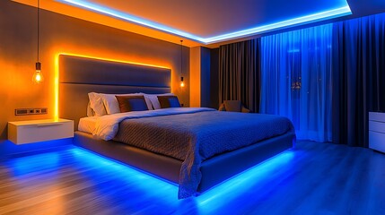 Modern bedroom with LED lighting.