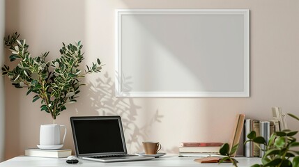A white rectangular frame hanging in a cozy home office above a desk with a cup of coffee, a laptop, and some books. HD 8K mockup wallpaper Photographic Image