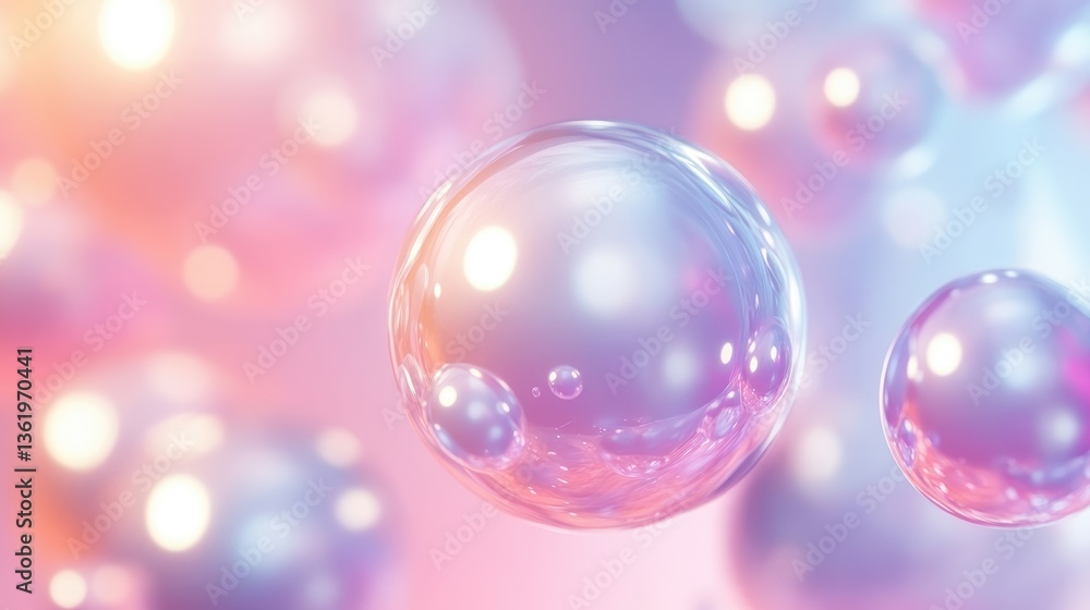 Poster colorful soap bubbles floating in a soft pastel background, creating a dreamy atmosphere for creativ