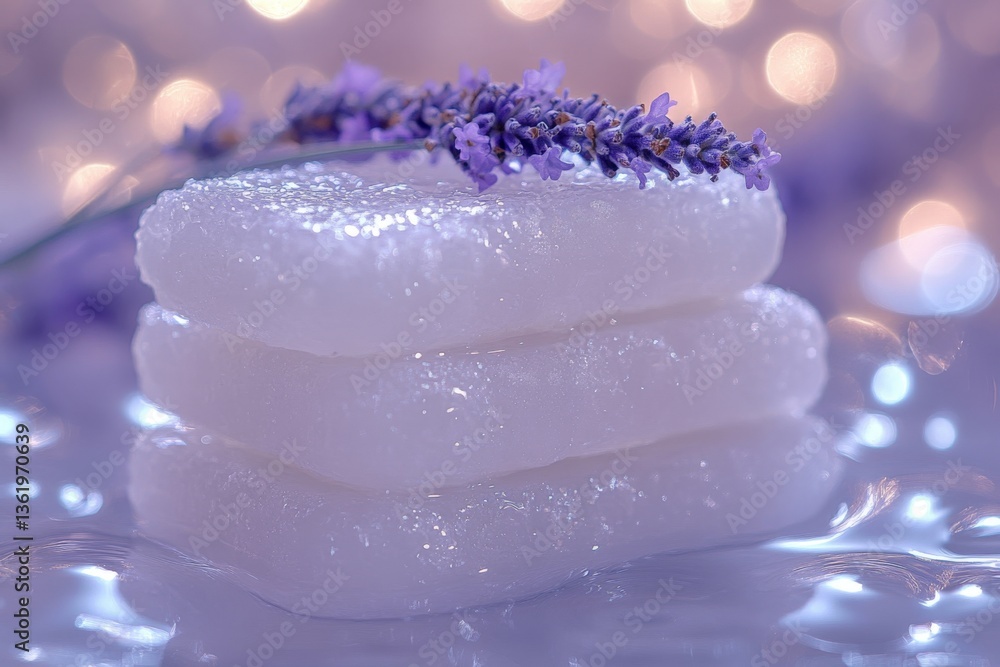 Aufkleber delicate lavender soap bars stacked elegantly on reflective surface with soft bokeh background creat