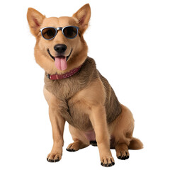 Cool dog wearing sunglasses posing stylishly isolated on a transparent background.