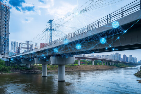 Advanced IoT sensors and devices tracking and analyzing the progress of a bridge construction project over a river providing real time data and insights to optimize the infrastructure development