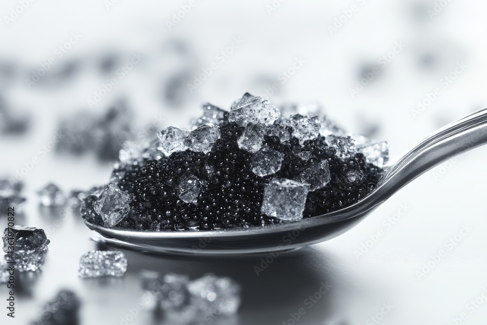 Poster close-up view of black and white sugar crystals on a spoon illuminated by soft lighting