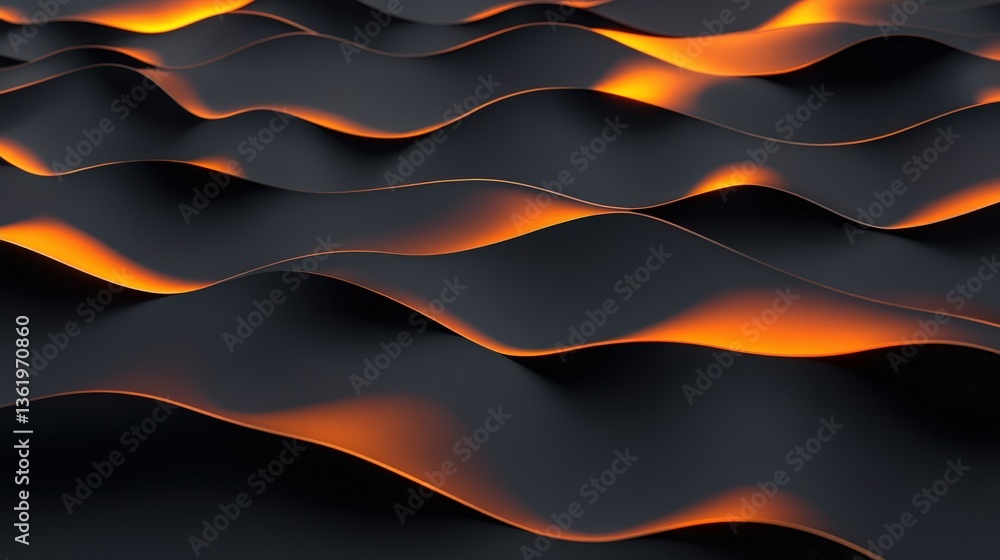 Poster material science nanomaterials concept. abstract wavy patterns with glowing orange highlights on a d