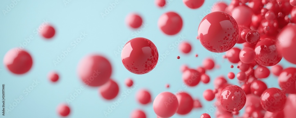 Poster material science nanomaterials concept. abstract red bubbles floating against a light blue backgroun